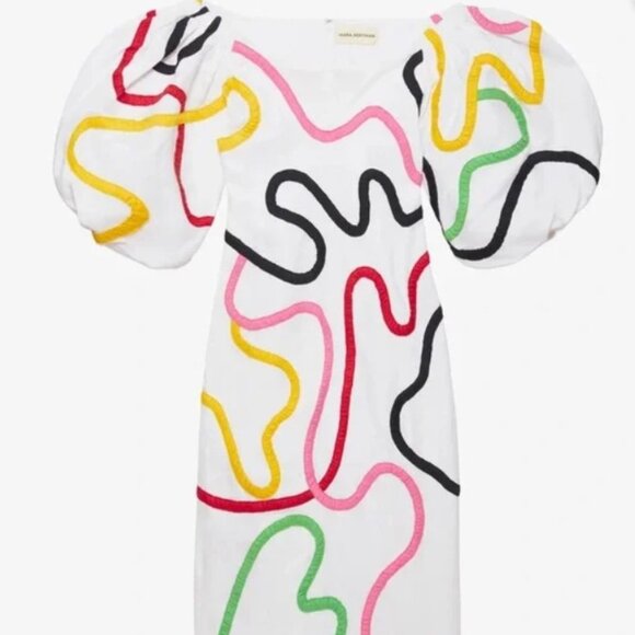 Mara Hoffman Namari Puff Sleeve Printed Linen Off the Shoulder Midi Dress Size 6 - Picture 8 of 12